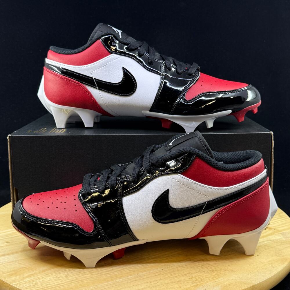 Nike Jordan 1 Low TD Bred Toe Patent Football Cleat FJ6245-601 Men's Size 9 New